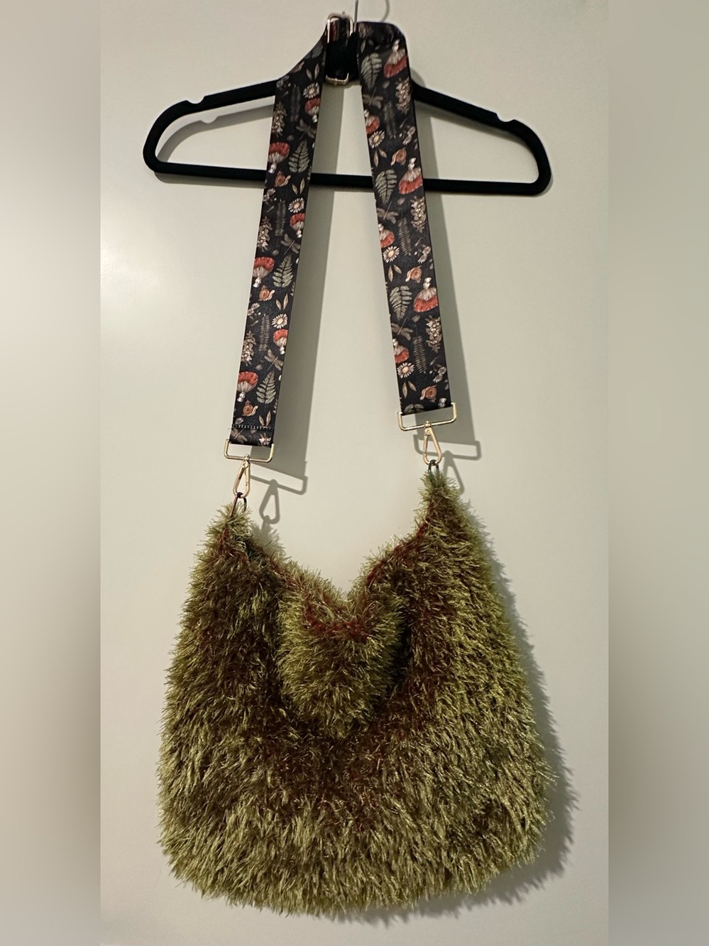 Handmade Crochet Faux Fur Moss Green Grass Crossbody Bag with Mushroom Strap